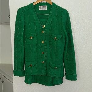 VINTAGE ADOLFO DOMINGUEZ SAKS FIFTH GREEN TWEED JACKET/SKIRT WITH GOLD ACCENTS.